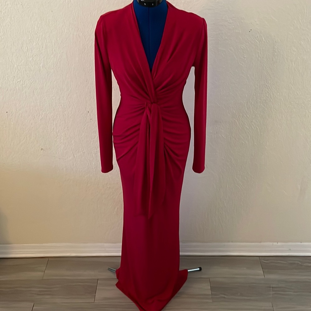 Red Long-Sleeve Twist-Front Maxi Dress